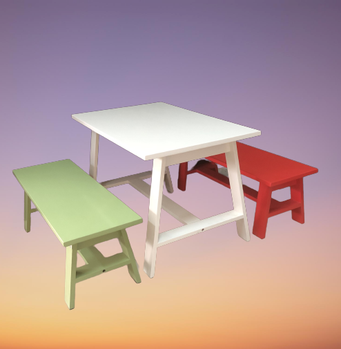 โต๊ะไม้เล็กๆ โต๊ะเขียนหนังสือเด็ก พร้อม 2 ม้านั่ง ขนาดโต๊ะ W 55 x L 90 x H 55 Cms.สีขาว เขียว แดง