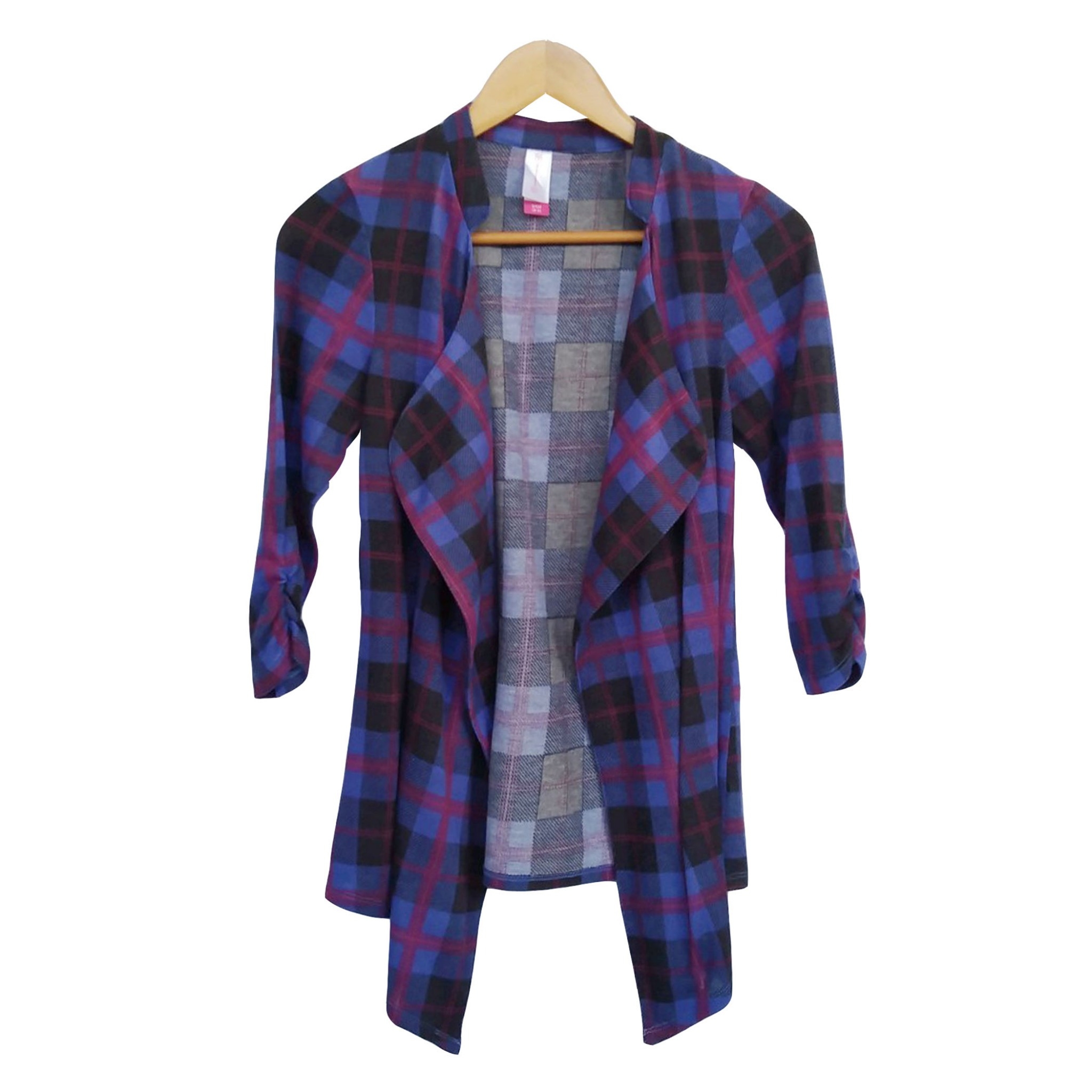 เสื้อมือสอง คอจีน ใส่คลุม แขนสามส่วนรูด ลายสก๊อต ผ้ายืด อก 32-34 นิ้ว
