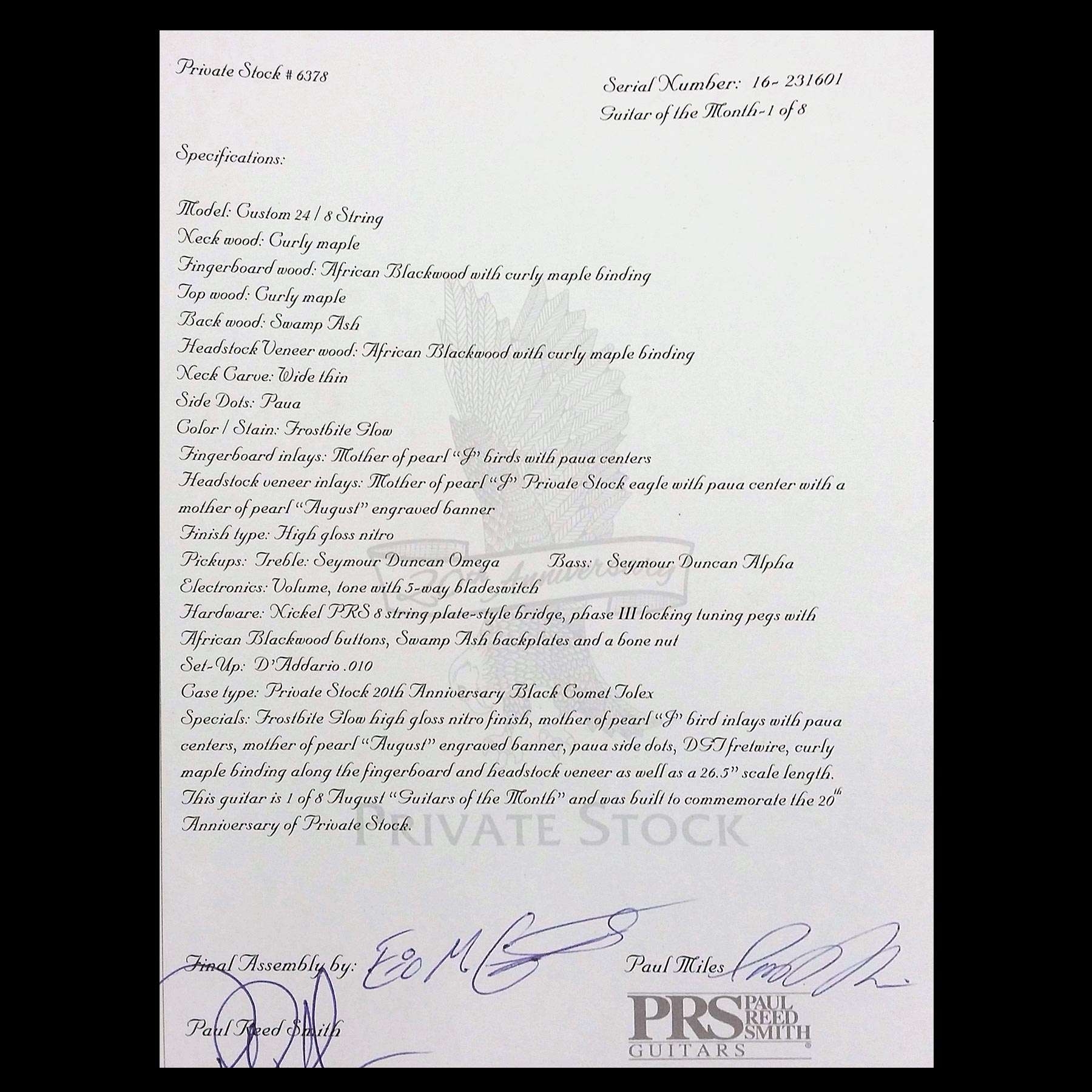 PRS August Guitar Of The Month Holcomb Custom 24 8-String Frostbite Glow (1 of 8 For The World)