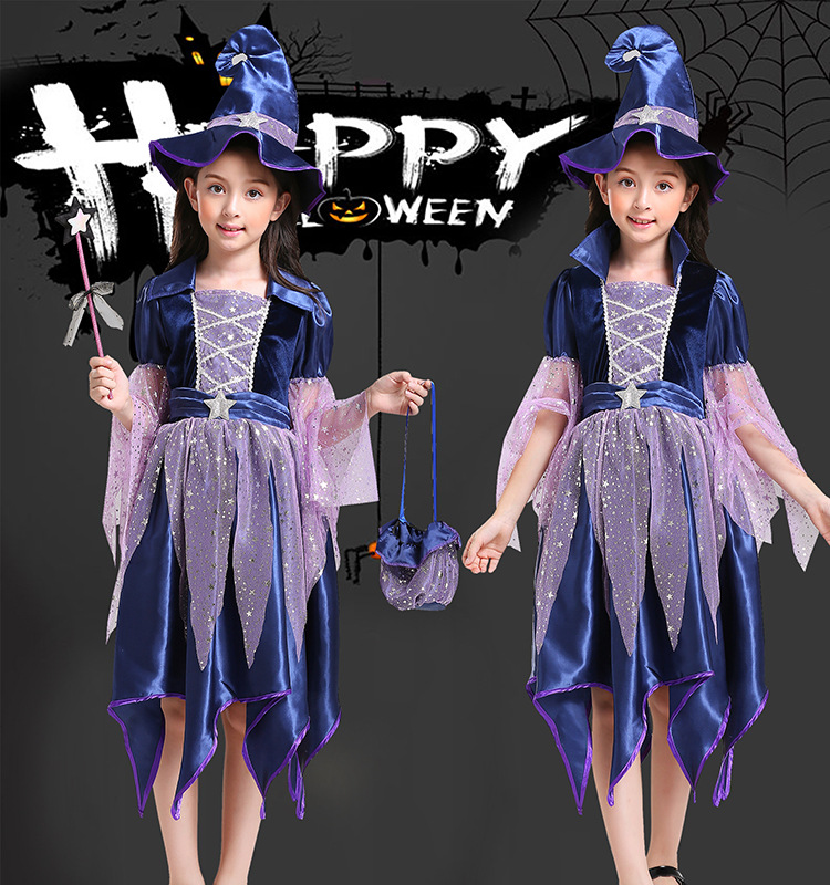 ชุดฮาโลวีนเด็ก ชุดแม่มดสีน้ำเงิน สำหรับงานแฟนซี วันฮาโลวีน **รวมหมวก+ไม้ดาว+กระเป๋า** มีขนาด 130, 140