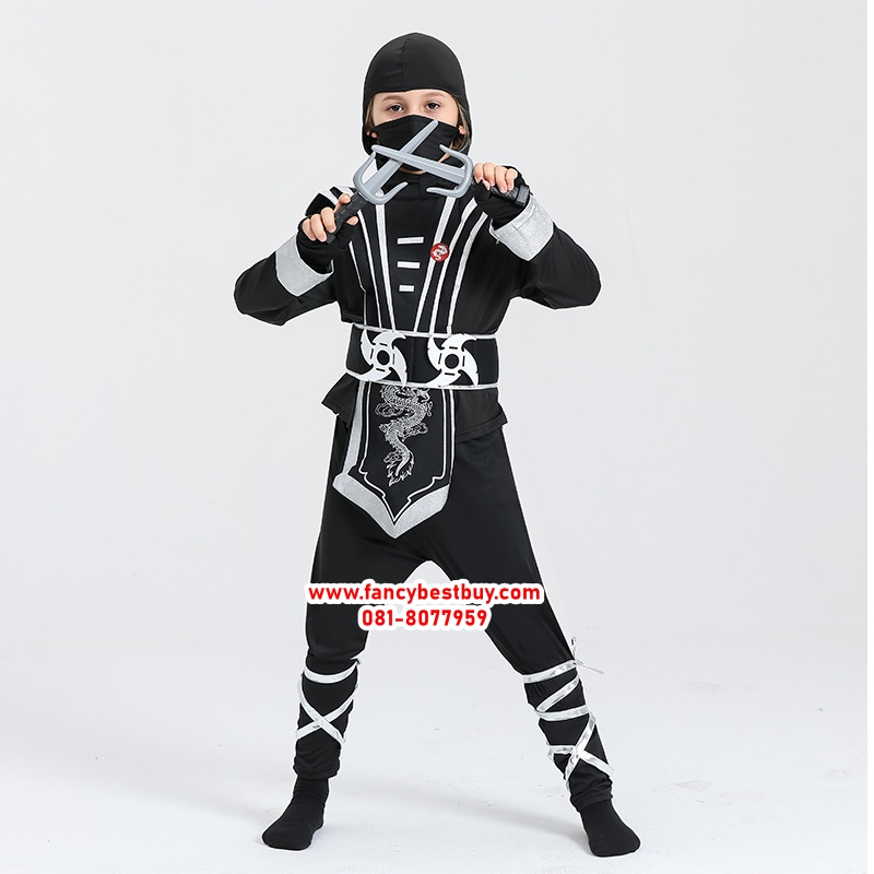 ชุดนินจา BLACK-SILVER NINJA + อาวุธนินจา มีขนาด S 100-110, L 120-130, XL 130-140