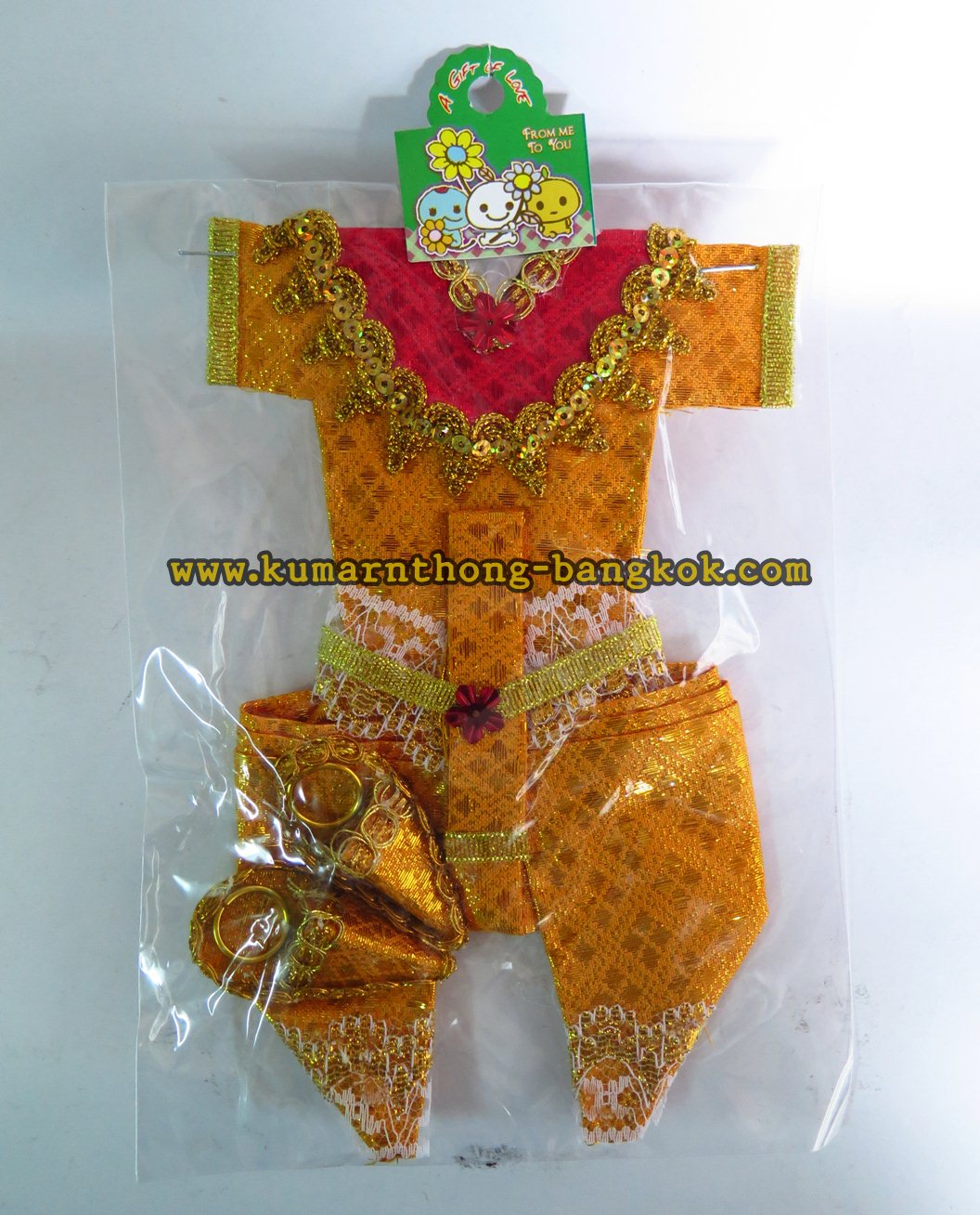 ชุดกุมารทอง แบบถวาย สีเหลืองทอง (Setพร้อมรองเท้า) ขนาดสูง 7.5นิ้ว แขนกว้าง 5นิ้ว ลำตัว 2.5นิ้ว