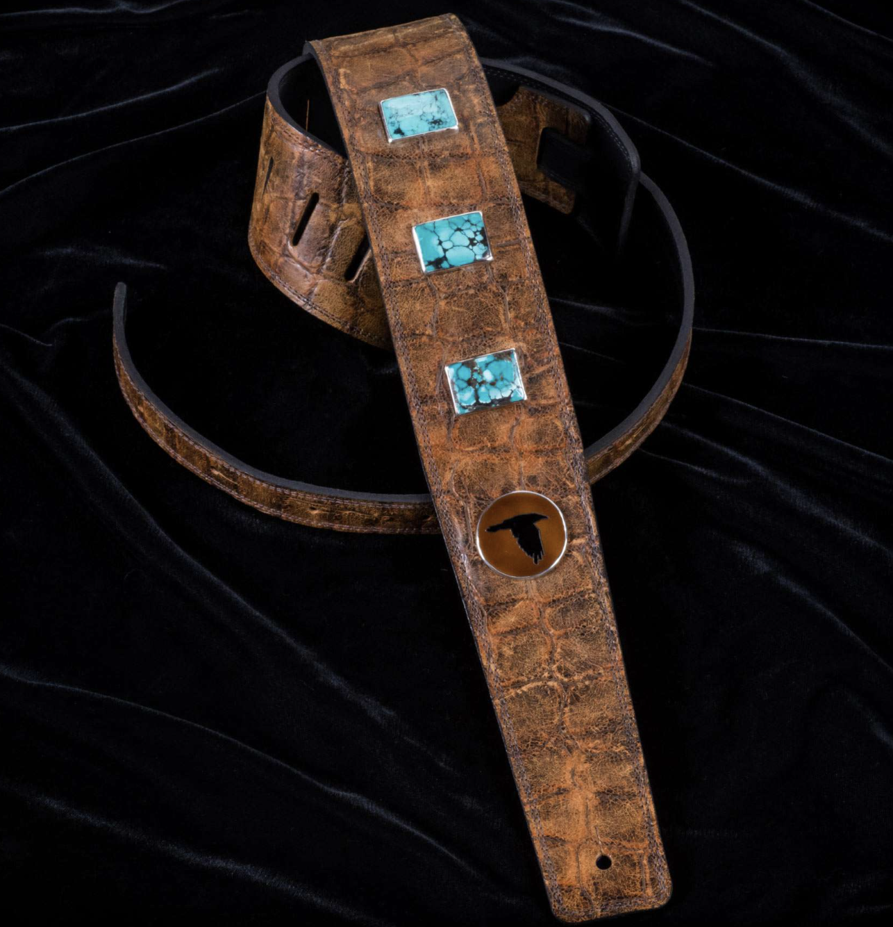 The Raven Works 3-Stone Turquoise/Amber-and-Black Reptile Guitar Strap