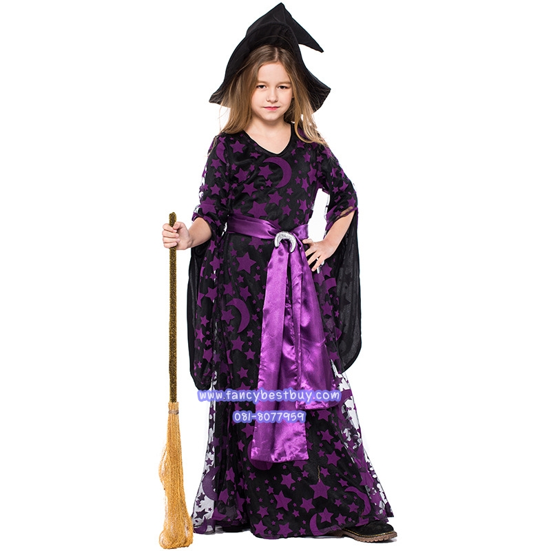 ชุดฮาโลวีนเด็ก ชุดแม่มด สีม่วง สำหรับงานแฟนซี วันฮาโลวีน มีขนาด XS95-110, S 110-125