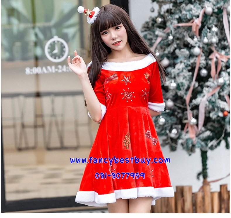 ชุดแซนตึ้ ชุดกระโปรงคริสมาส สีแดง Santy Costume ขนาดฟรีไซด์ มีหมวกและเขากวางให้
