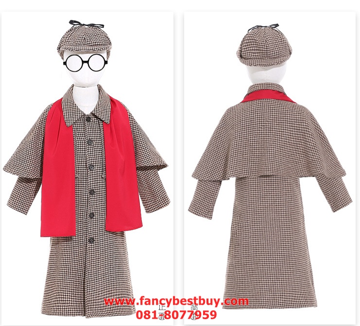 ชุดแฟนซีเด็ก ชุดเชอร์ล็อคโฮล์มส์ Sherlock Holmes มีขนาด S(105-120), M(120-135), L(135-150) รวมหมวก ผ้าสีแดง แว่นตา