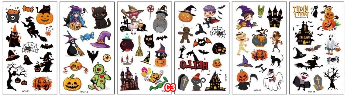 สติกเกอร์ฮาโลวีน รอยสักการ์ตูนเด็กใหม่ฮาโลวีน กันน้ำกันเหงื่อ สติกเกอร์รอยสักแบบใช้แล้วทิ้ง แบบ C size 5.7*9.7 cm.