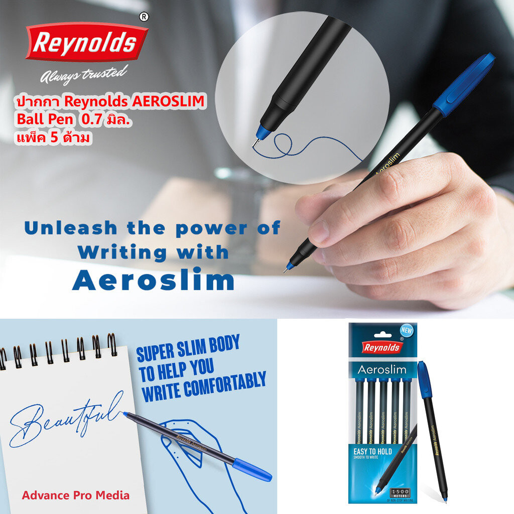 REYNOLDS ปากกาลูกลื่น 0.7 มม. รุ่น Aeroslim สีน้ำเงิน (แพ็ค 5 ด้าม) จำนวน 1 แพ็ค