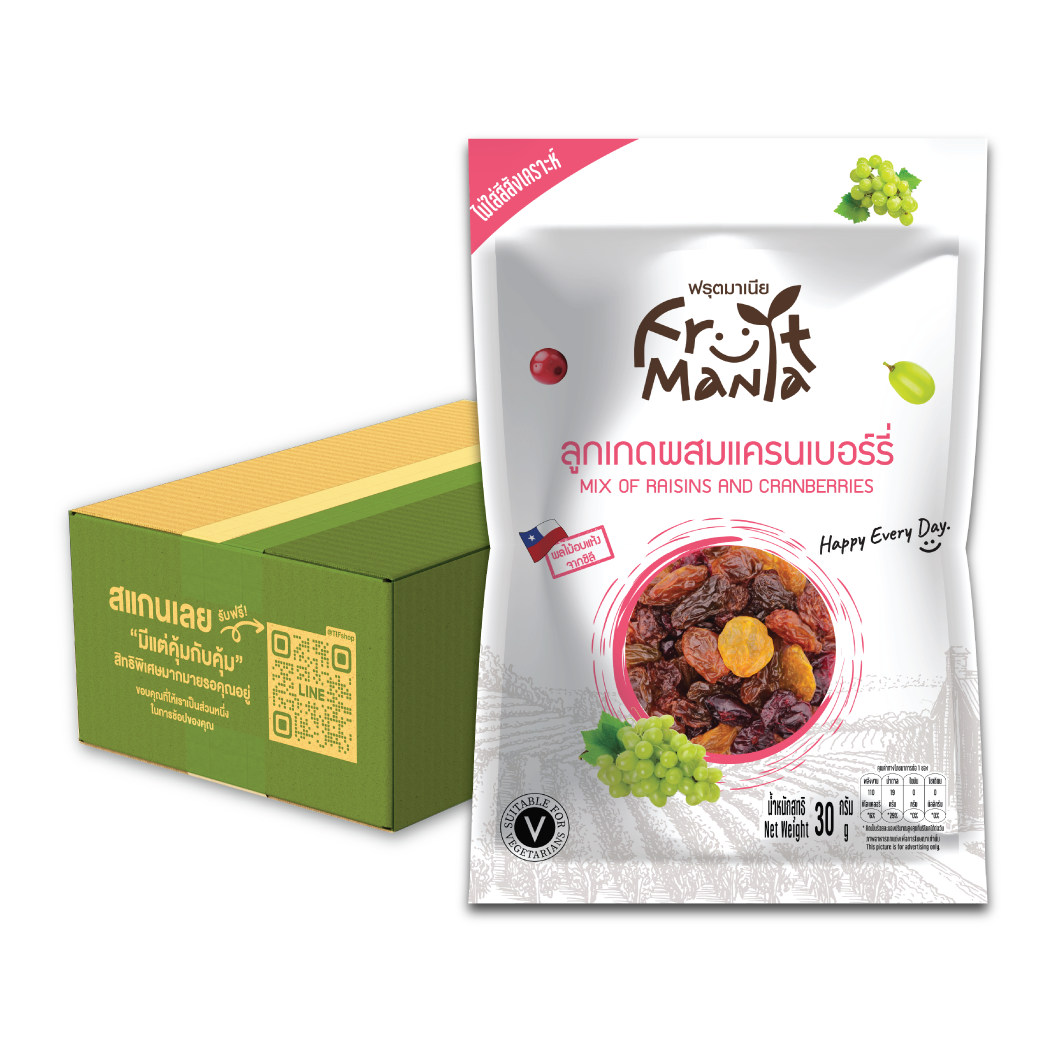 [ขายยกลัง 24 ซอง] FruitMania ฟรุ๊ตมาเนีย ลูกเกดผสมแครนเบอร์รี่ 30 กรัม Mix of Raisins And Cranberries