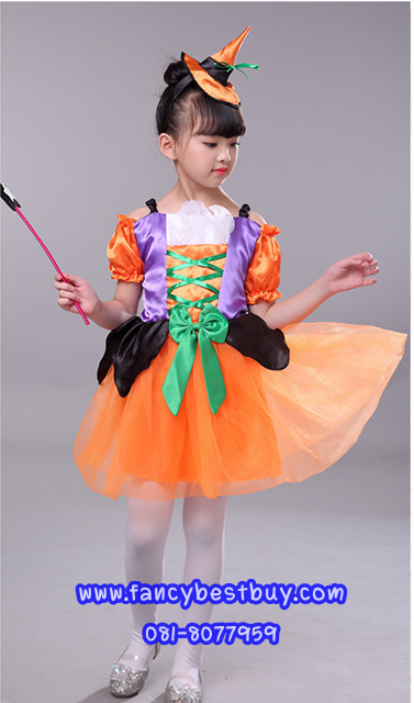 ชุดฮาโลวีนเด็ก ชุดแม่มดสีม่วง+ส้ม สำหรับงานแฟนซี วันฮาโลวีน **รวมหมวก+ไม้ดาว** มีขนาด 110, 120, 130, 140