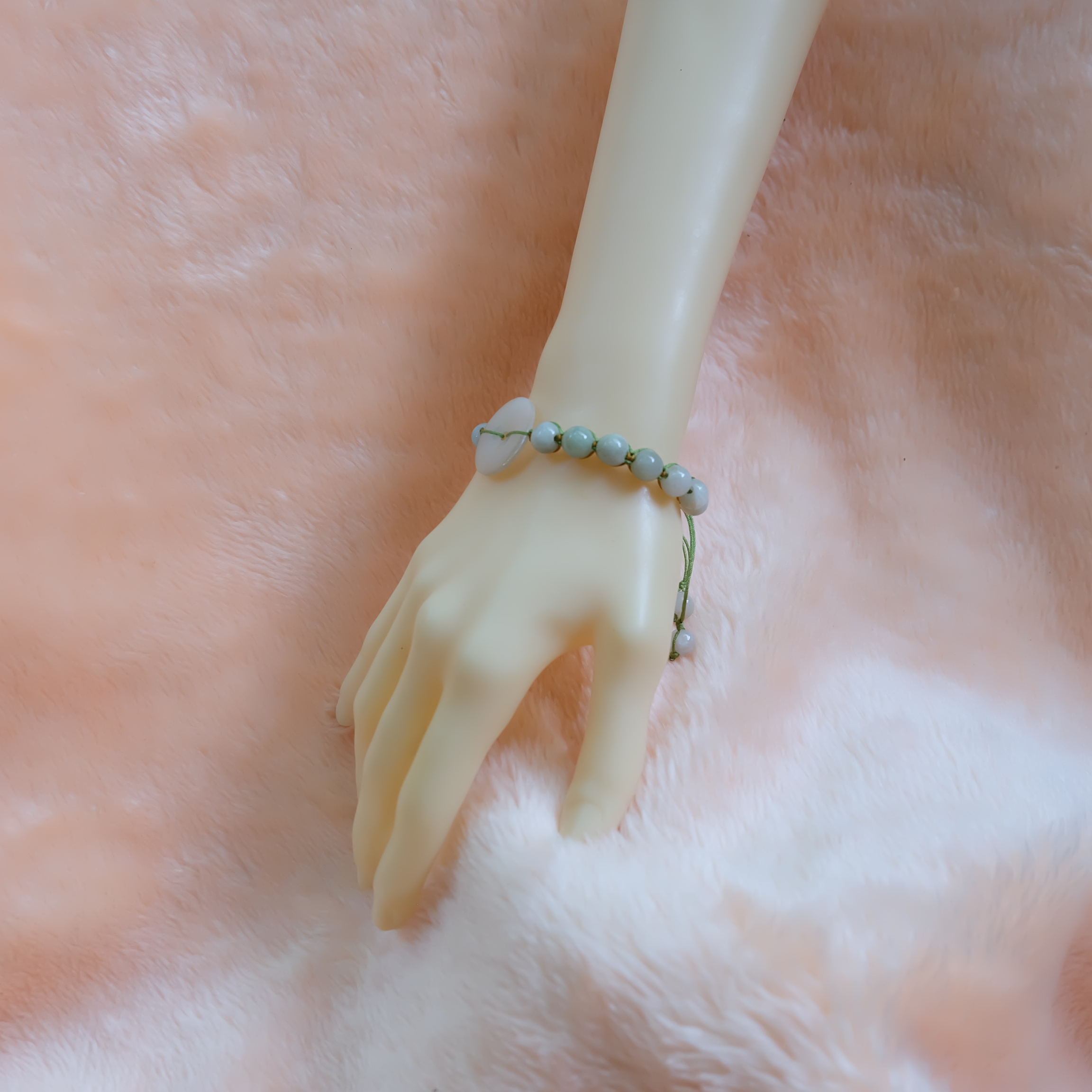 สร้อยข้อมือเชือกถัก ลูกปัดหยกแท้ หยกสีขาว หยกพม่า หยกเจไดต์