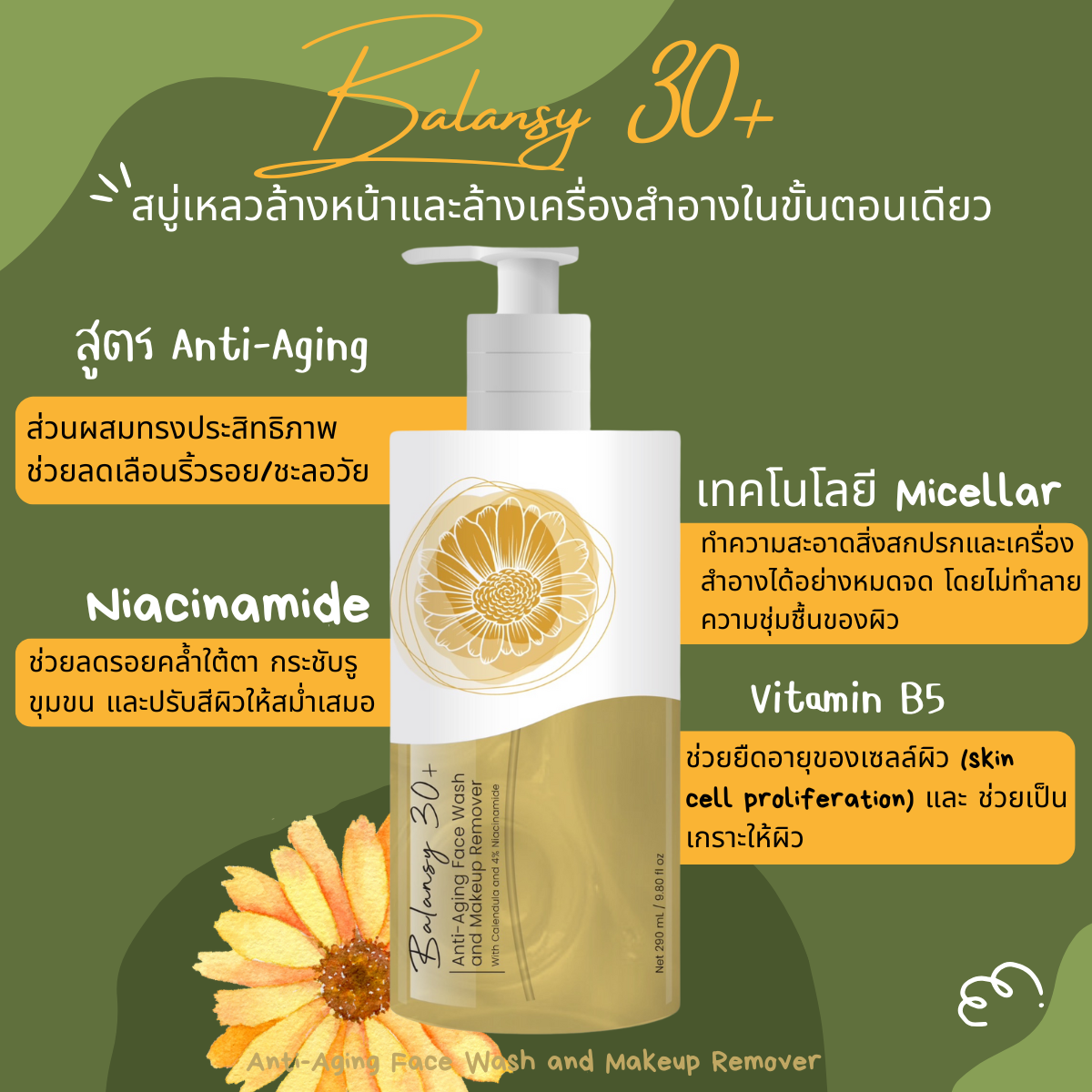 บาลานซี่ 30+ แอนไท เอจจิ้ง เฟซ วอช แอนด์ เมคอัพรีมูฟเวอร์ สบู่เหลวล้างหน้า พร้อมล้างเครื่องสำอางในขั้นตอนเดียว สำหรับผู้ที่มีอายุ 30 ปีขึ้นไป สูตรป้องกันริ้วรอยก่อนวัย Balansy 30+ Anti-Aging Face Wash and Makeup Remover