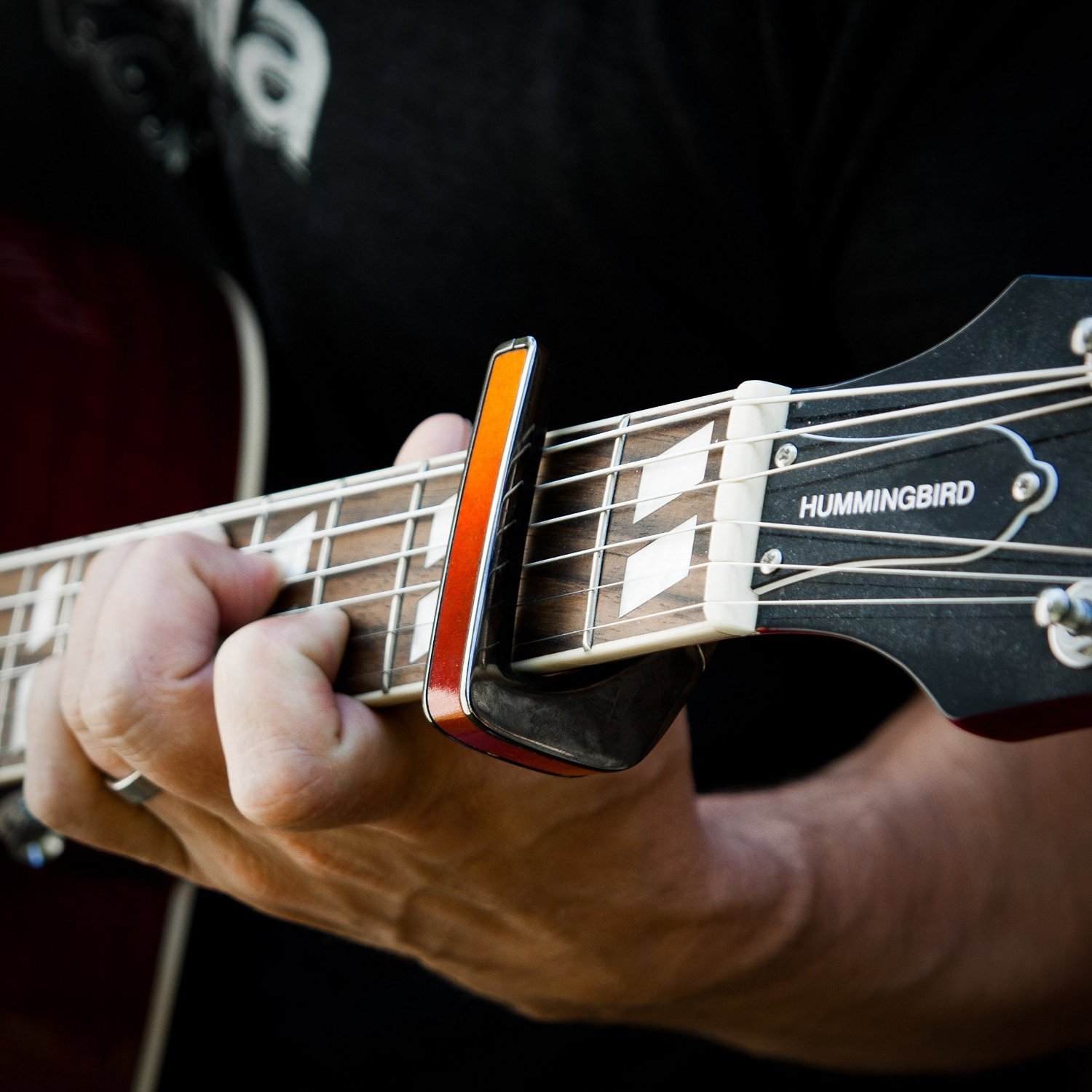 Thalia Capos 200 Series Professional Guitar Capo w/ 14 Interchangeable Fret Pads - Black Chrome Plated Finish with Sapele Inlay