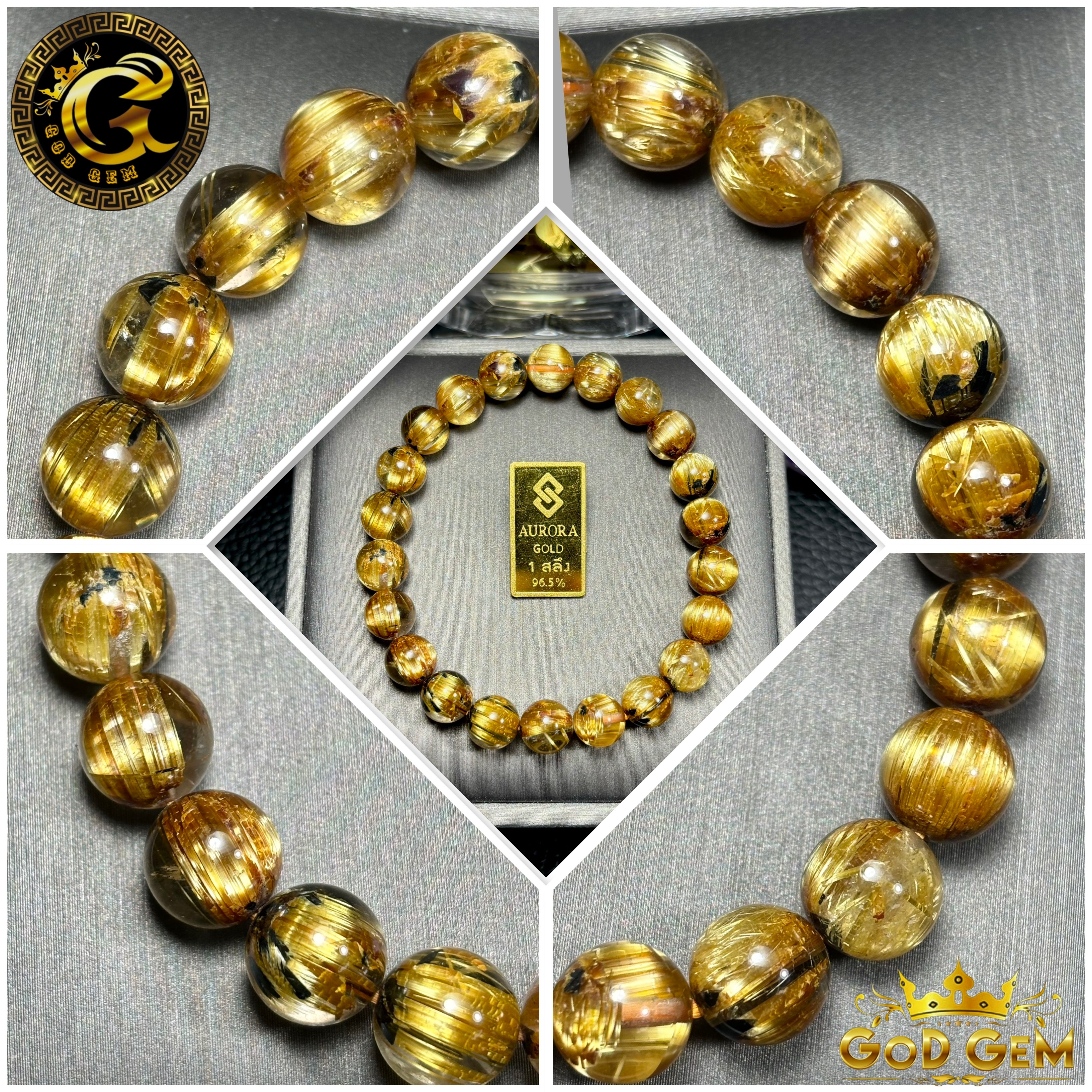 ข้อมือหิน ไหมทองแคทอาย ติดแร่เฮมาไทต์ 360 องศา