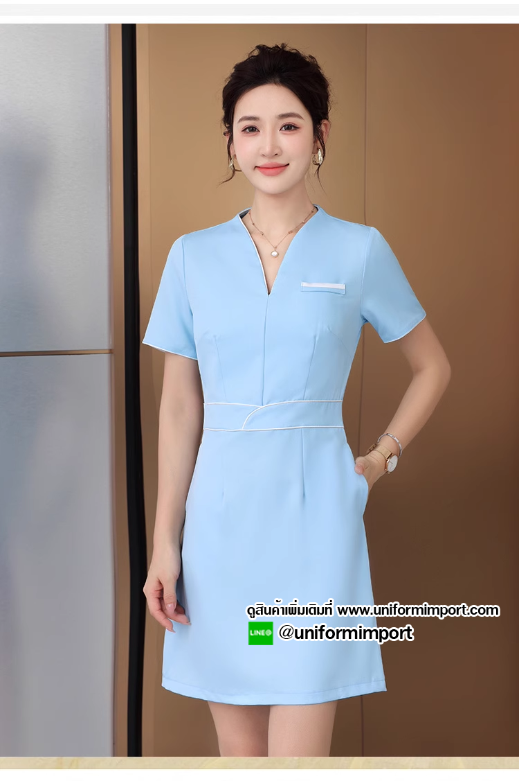 ชุดทำงานผู้หญิงสีฟ้า ชุดเดรส