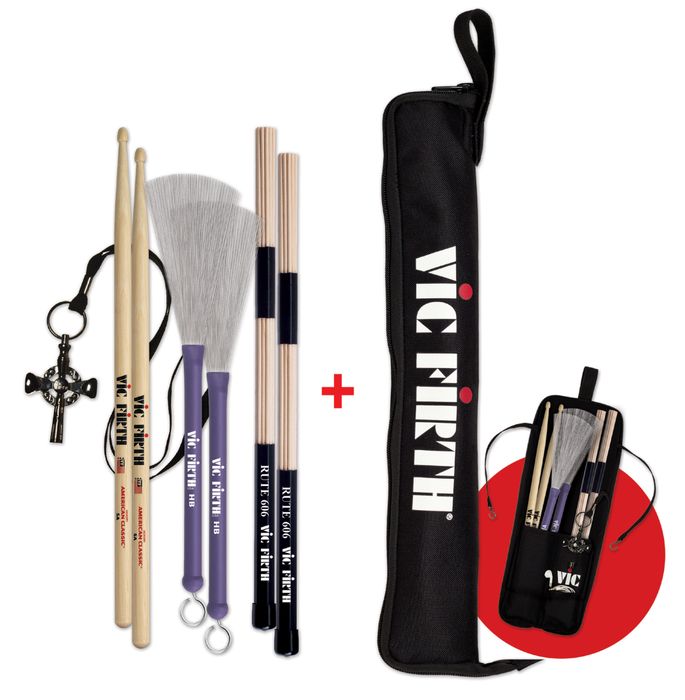 Vic Firth 1 Pair 5A, HB, RUTE606, VICKEY w/Free ESB Stick Bag Hickory