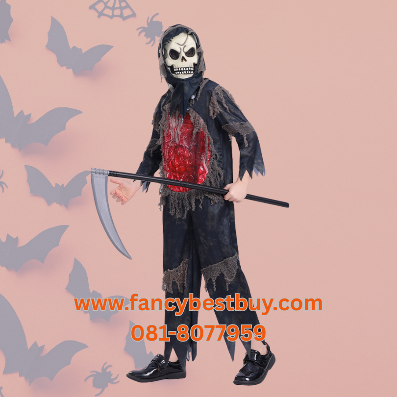 ชุดแฟนซีฮาโลวีน ชุดยมทูต Grim Reaper สำหรับวันฮาโลวีน รวม หน้ากากยาง (ไม้เคียวตัวเลือกเพิ่ม) มีขนาด M120-130, L130-140, XL 140-150