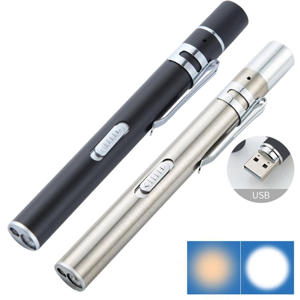 ไฟฉายสแตนเลส สำหรับพกพา มีไฟ 2 สี Medical Handy ( ราคา / 1 ด้าม) ชาร์สไฟ USB