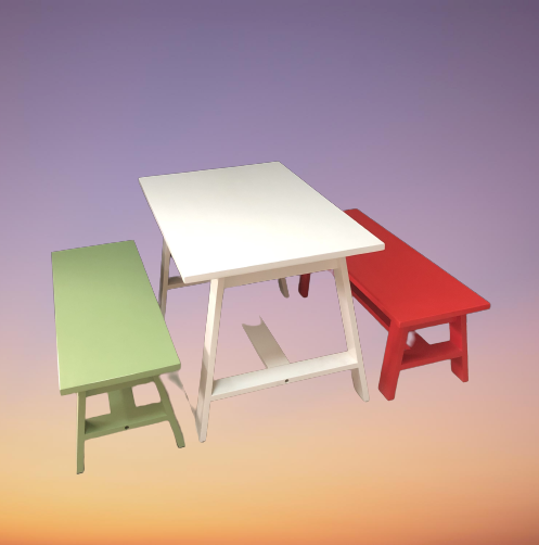 โต๊ะไม้เล็กๆ โต๊ะเขียนหนังสือเด็ก พร้อม 2 ม้านั่ง ขนาดโต๊ะ W 55 x L 90 x H 55 Cms.สีขาว เขียว แดง