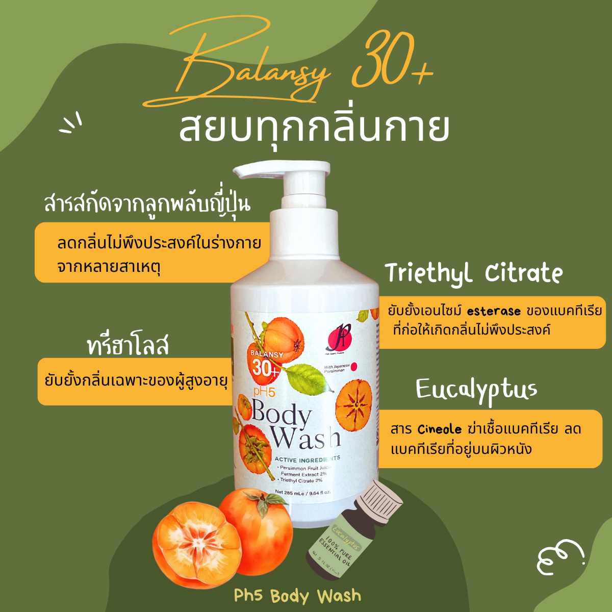 Balansy 30+ pH5 Body Wash with Japanese Persimmon Extract, Powerful Odor Eliminator, 9.64 fl oz