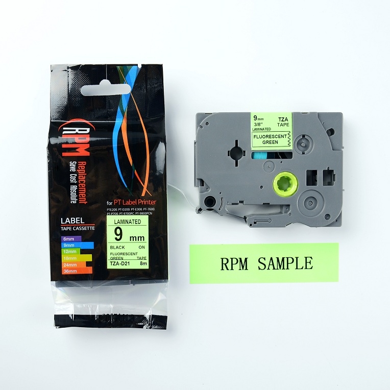 เทปพิมพ์อักษร 9มม.อักษรดำพื้นเขียวสะท้อนแสง RPM TZA-D21
