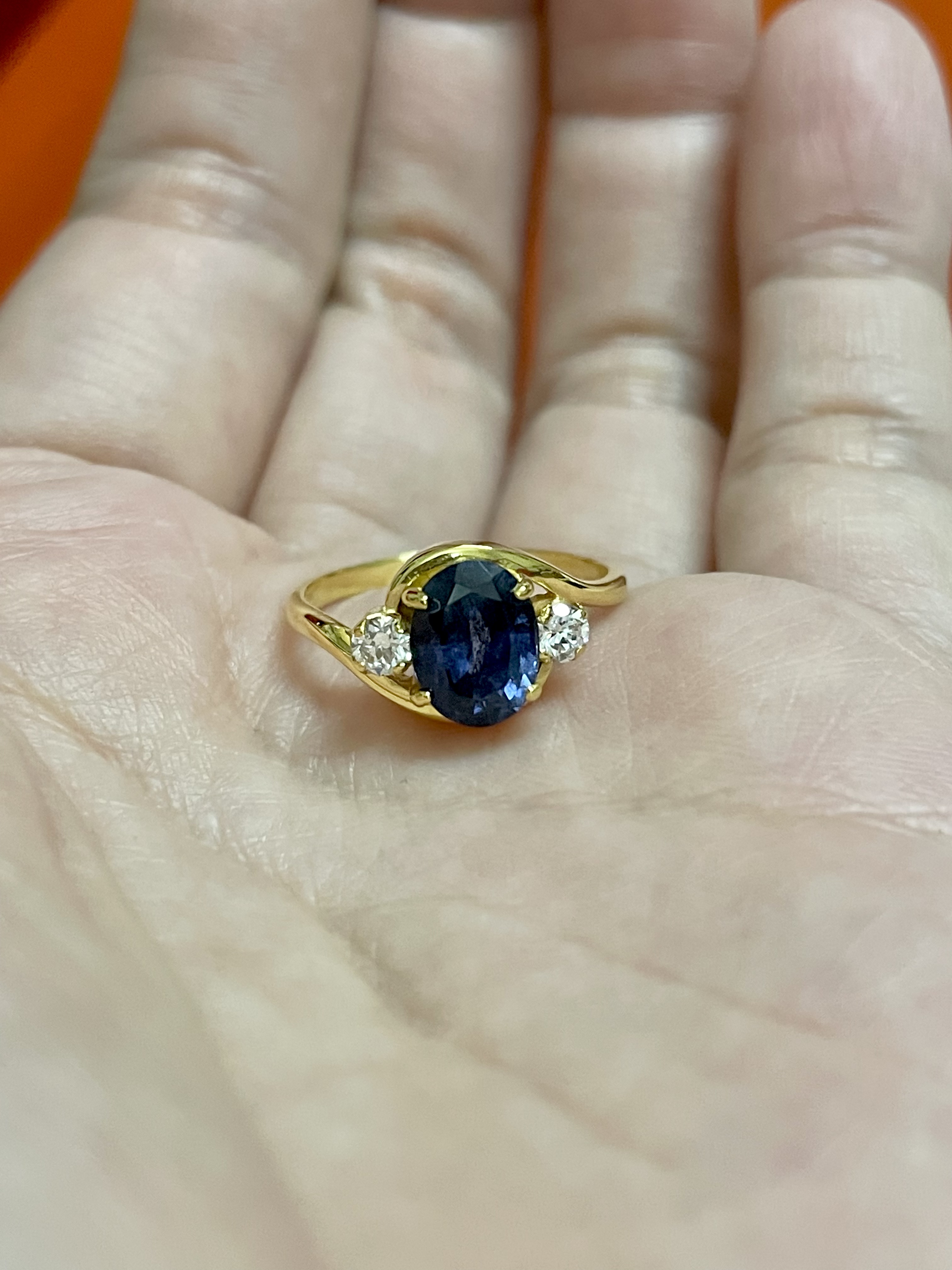 แหวนพลอยน้ำเงิน บ่าเพชรรัสเซีย ทองแท้