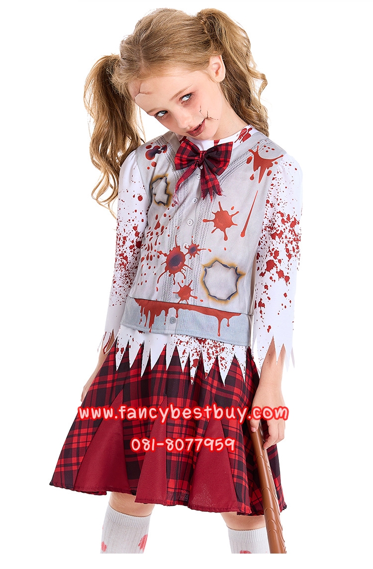 ชุดฮาโลวีน ชุดนักเรียนซอมบี้ Blood Student ชุดซอมบี้ Zombie สำหรับวันฮาโลวีน มีขนาด S 110-125, M 125-140