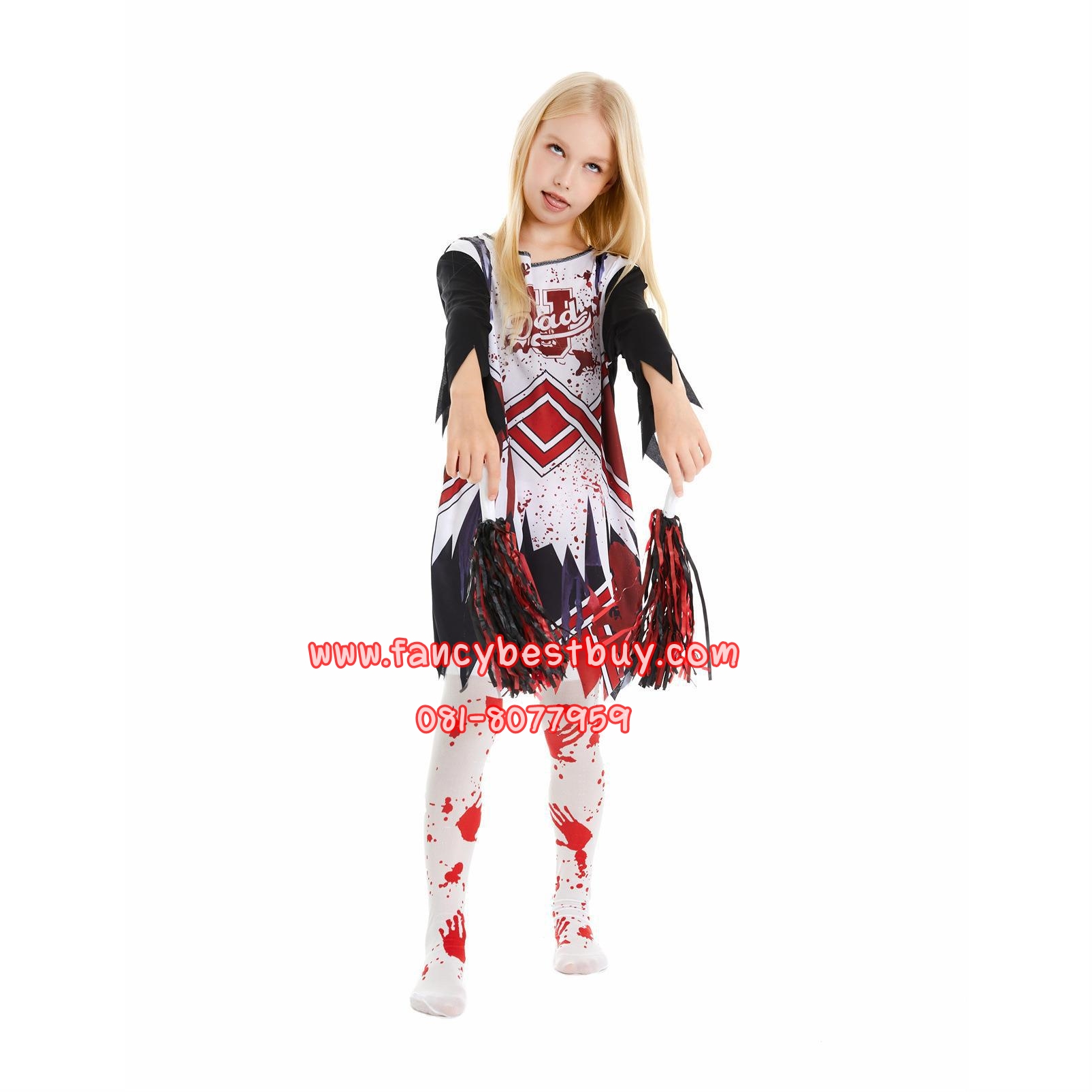 ชุดฮาโลวีนเด็กหญิง ชุดเชียร์ลีดเดอร์เลือด ชุดซอมปี้ สำหรับวันฮาโลวีน Blood Cheer leader Nurse แบบที่ 1 มีขนาด S 110-120 (แถมพู่เชียร์และถุงน่องลายเลือด)
