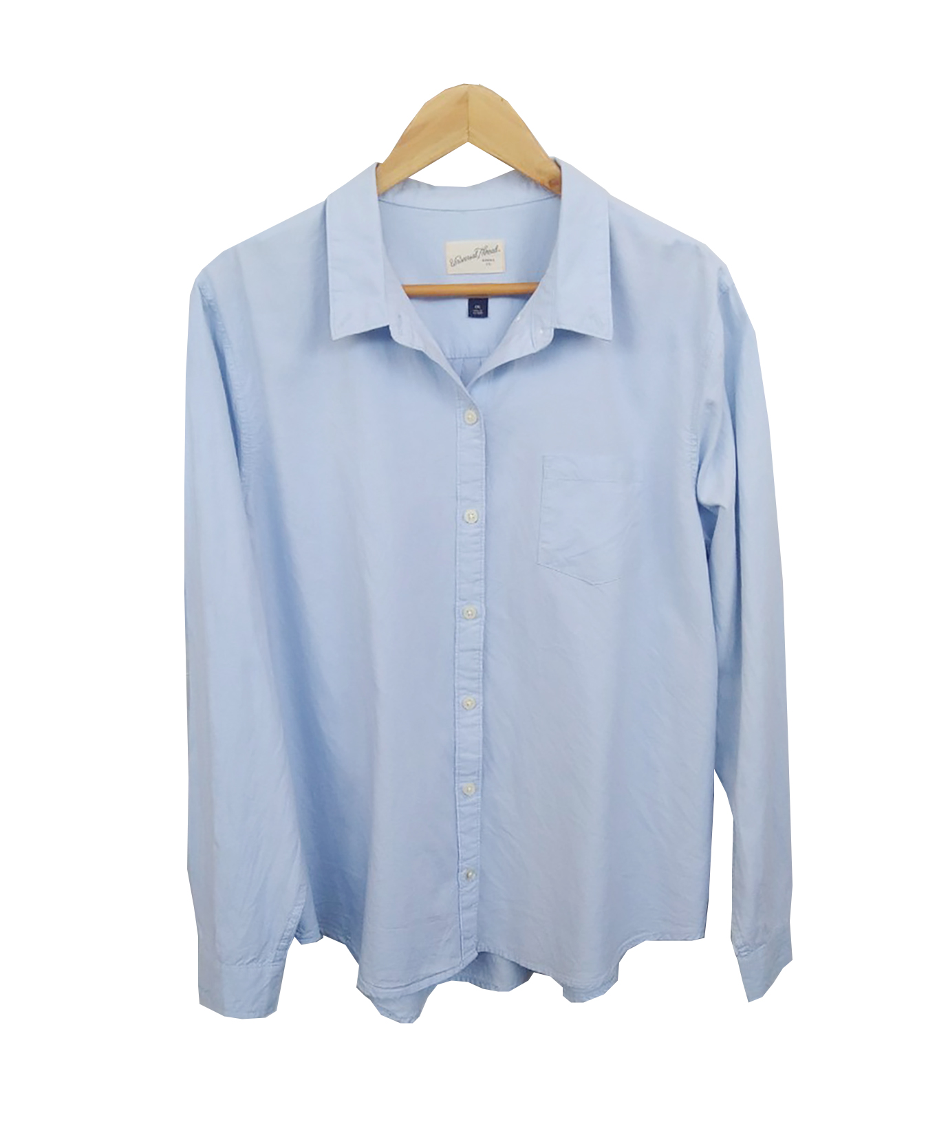 เสื้อมือสอง เชิ้ต ผ้าฝ้ายสีฟ้า แขนยาว มีกระเป๋าหน้า อก 44-46 นิ้ว