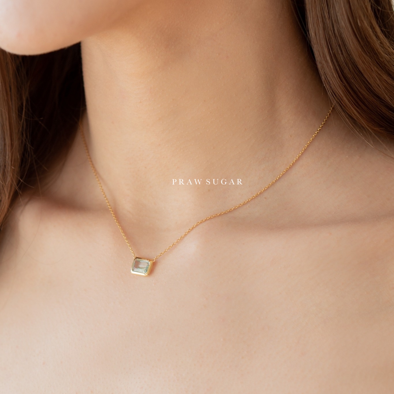 Blue Topaz Baguette Gemstone Necklace - สร้อยคอจี้บลูโทพาซทรงสี่เหลี่ยม (เรือนสร้อยเงินแท้)(มี 2 สี)