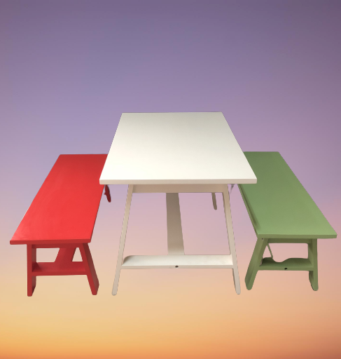 โต๊ะไม้เล็กๆ โต๊ะเขียนหนังสือเด็ก พร้อม 2 ม้านั่ง ขนาดโต๊ะ W 55 x L 90 x H 55 Cms.สีขาว เขียว แดง