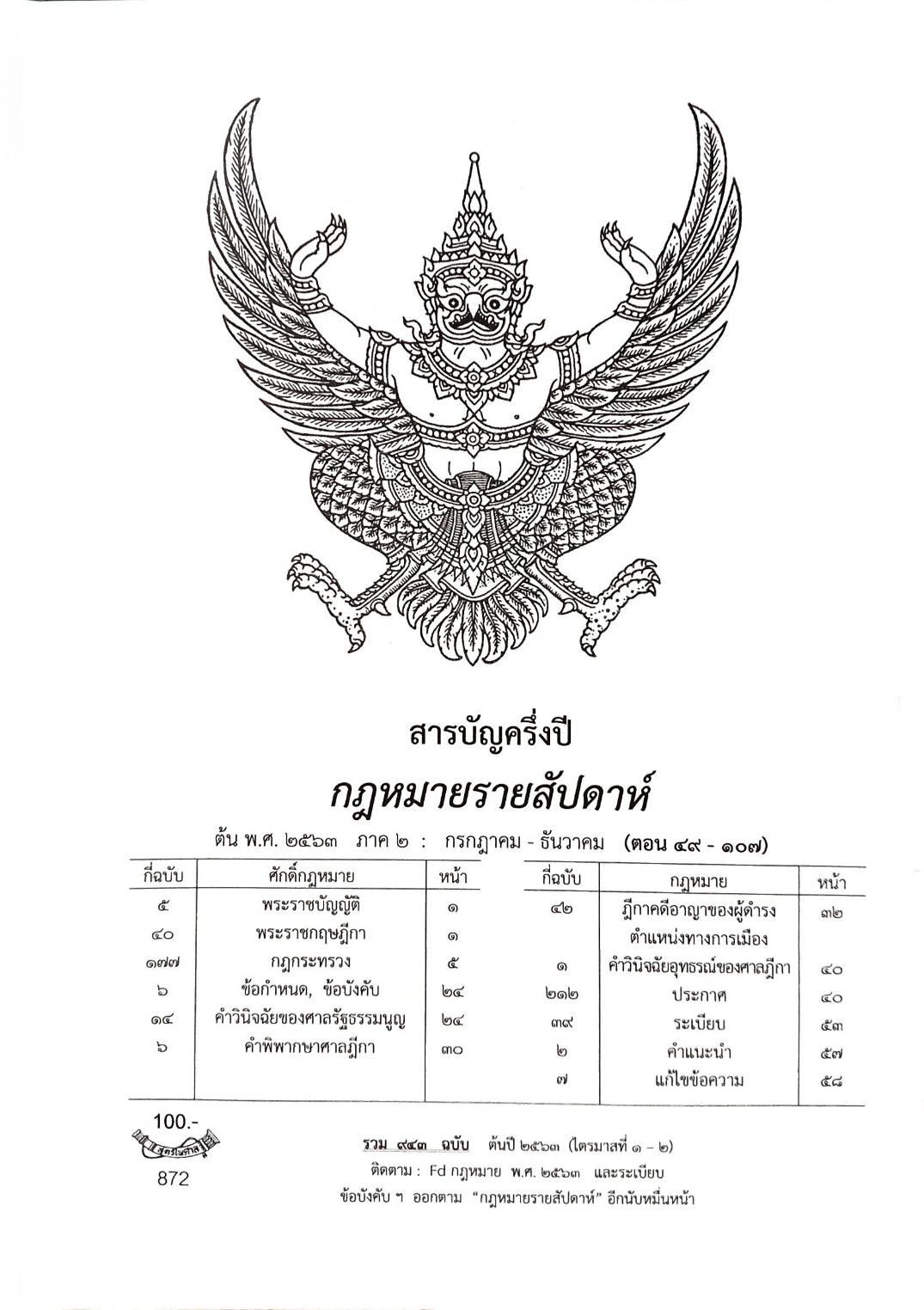 สารบัญครึ่งปี กฎหมายรายสัปดาห์ พ.ศ. 2563 (ภาค 2 กรกฎาคม - ธันวาคม) ตอน 49 - 107