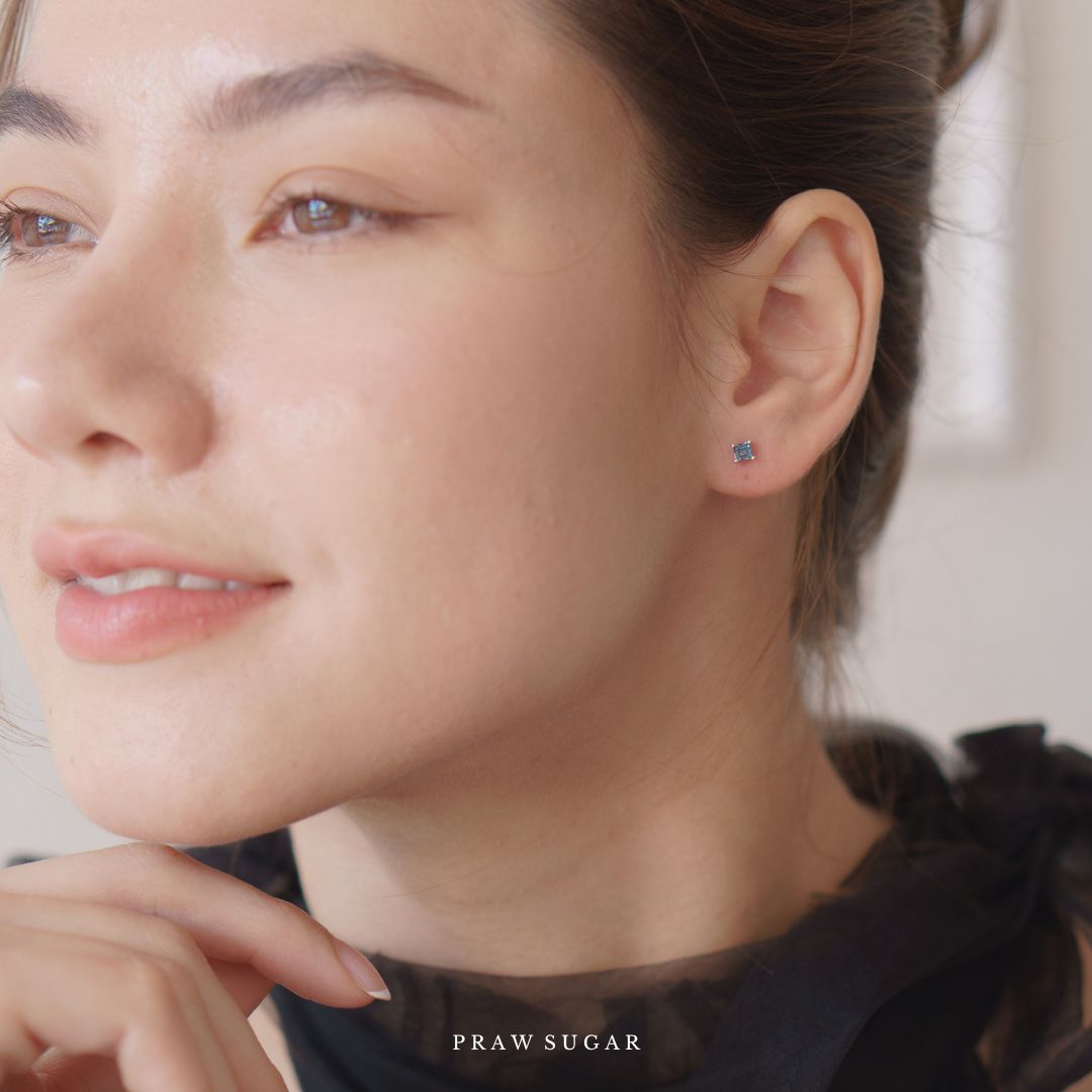 Mini Square Gemstone Earrings - ต่างหูพลอยแท้ทรงสี่เหลี่ยมขนาดมินิ (เรือนเงินแท้)