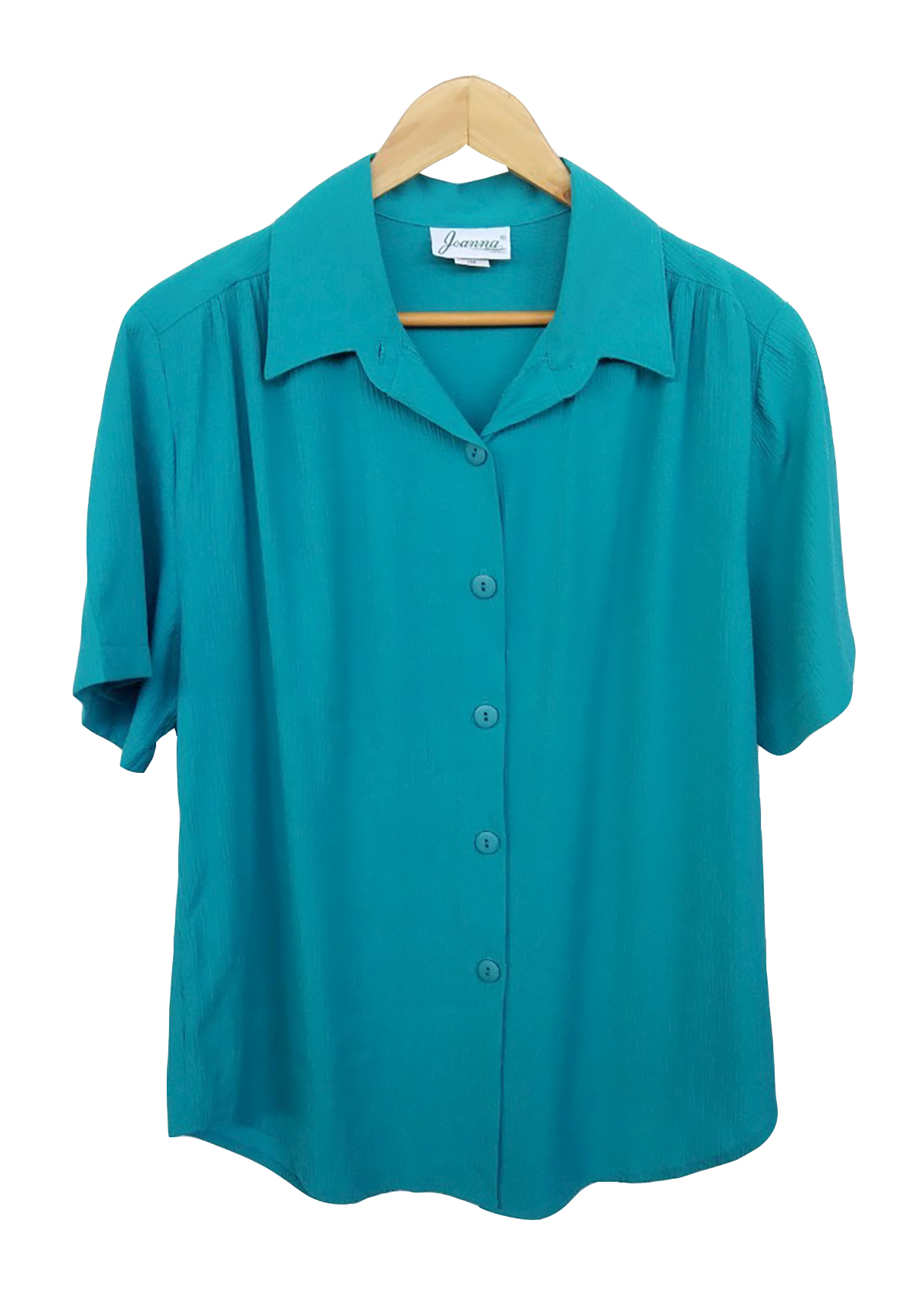 เสื้อมือสอง คอปก สีเขียว มีซับไหล่ แขนสั้น อก 44-46 นิ้ว