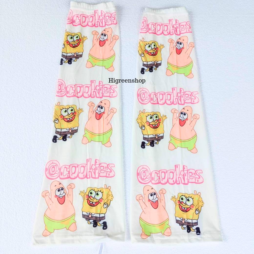 ปลอกแขนผ้าไหมน้ำแข็ง ปลอกแขนกันแดดลายการ์ตูน ป้องกันรังสียูวี แขนจั้ม ปลายบานออก มียางเกี่ยวนิ้ว ยืดหยุ่น ผ้านิ่ม ใส่สบาย