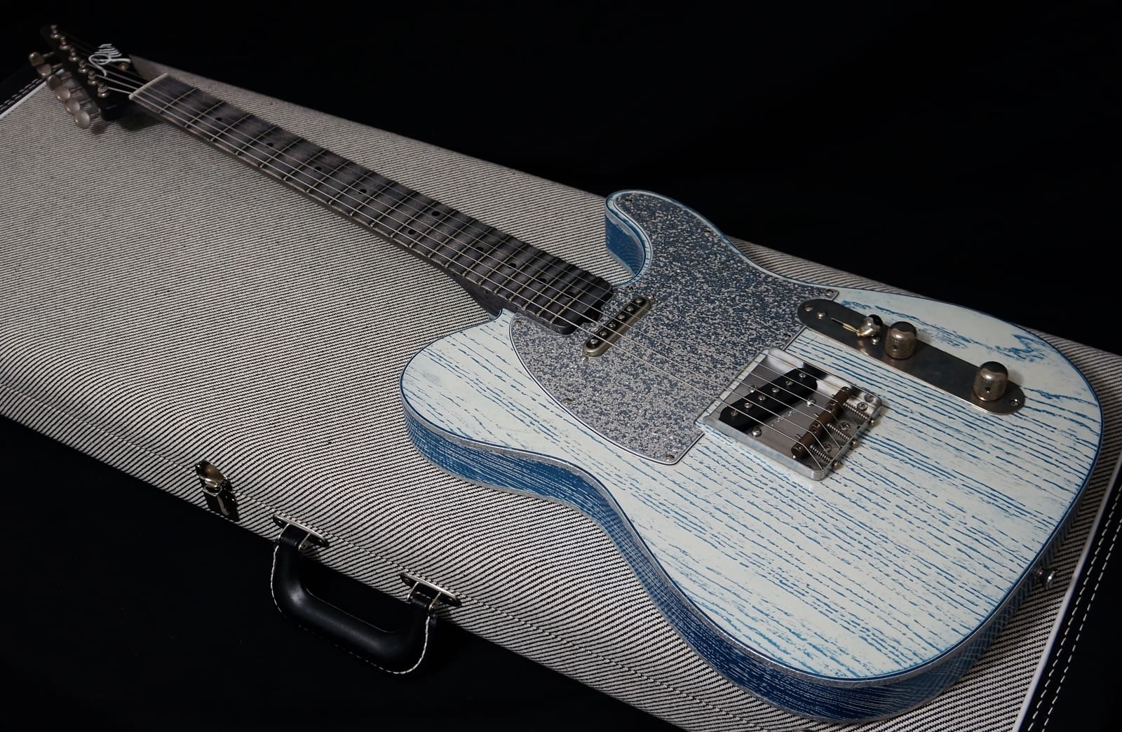 Palir Guitars Mojo Titan in Pelham Blue & White with Silver Sparkle Binding