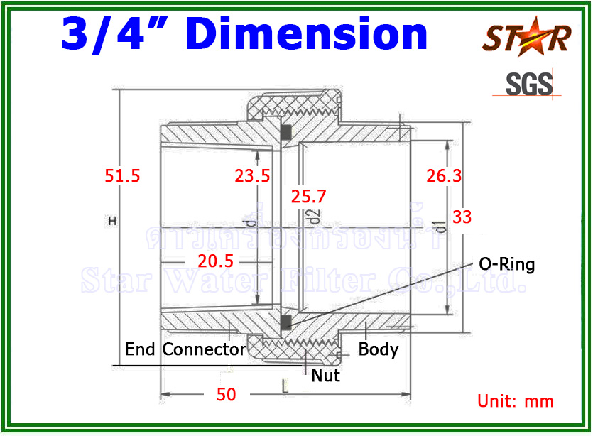 ข้อต่อท่อ ยูเนี่ยน พีวีซี PVC Tube union 3/4" (ID:26 mm) (มาตรฐานท่อประปาฟ้า) (Star) Pack 10 pcs.