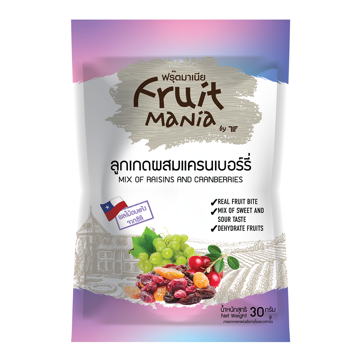 FruitMania ฟรุ๊ตมาเนีย ลูกเกดผสมแครนเบอร์รี่ 30 กรัม MIX OF RAISINS AND CRANBERRIES