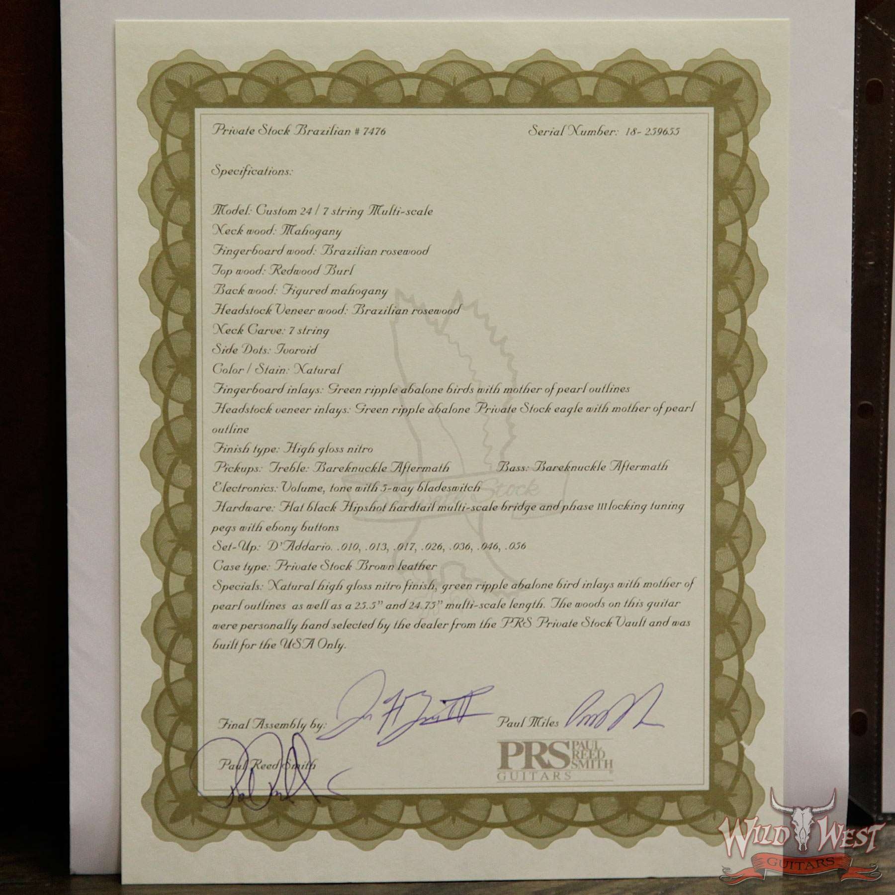 PRS Private Stock #7476 Custom 24 7-String Fanned Fret Redwood Burl Top Brazilian Rosewood Board - Natural