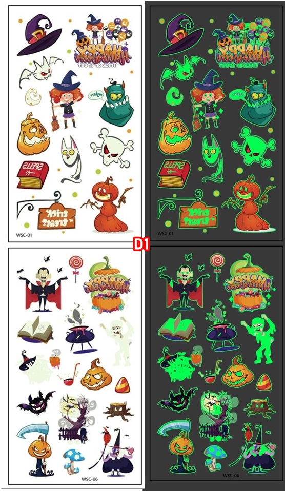 สติกเกอร์ฮาโลวีนรุ่นเรืองแสง GLOWING รอยสักการ์ตูนเด็กใหม่ฮาโลวีน กันน้ำกันเหงื่อ สติกเกอร์รอยสักแบบใช้แล้วทิ้ง แบบ C size 6.8*12 cm.