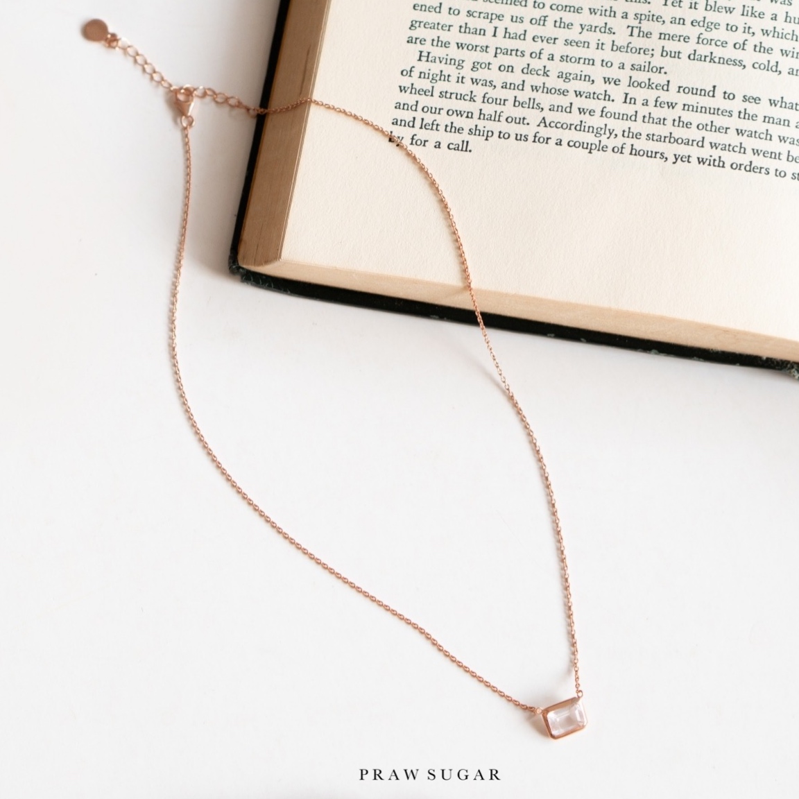 Rose Quartz Baguette Gemstone Necklace - สร้อยคอจี้โรสควอซทรงสี่เหลี่ยม (เรือนสร้อยเงินแท้)(มี 2 สี)