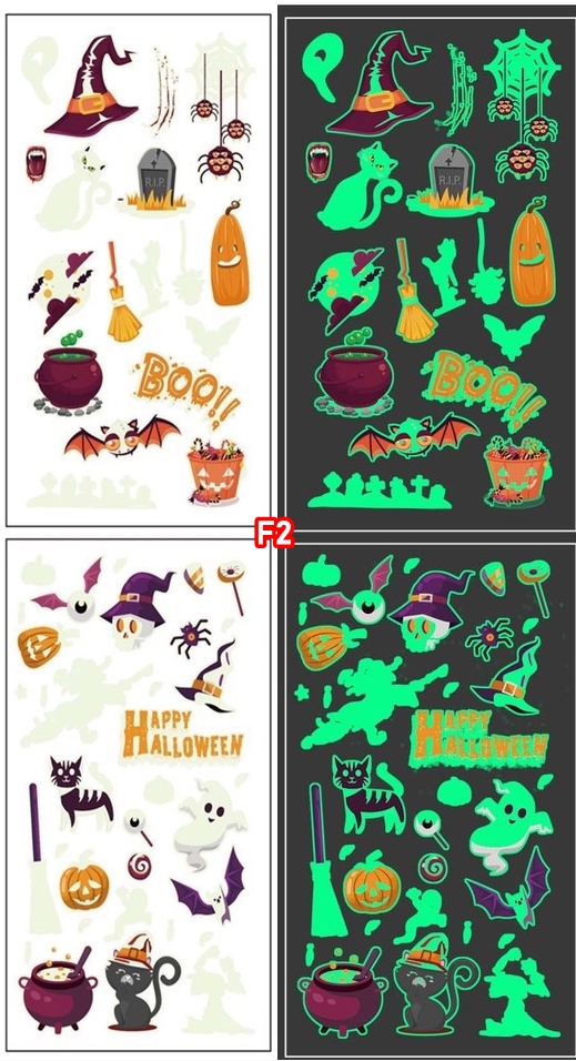 สติกเกอร์ฮาโลวีนรุ่นเรืองแสง GLOWING รอยสักการ์ตูนเด็กใหม่ฮาโลวีน กันน้ำกันเหงื่อ สติกเกอร์รอยสักแบบใช้แล้วทิ้ง แบบ F size 6.8*12 cm.