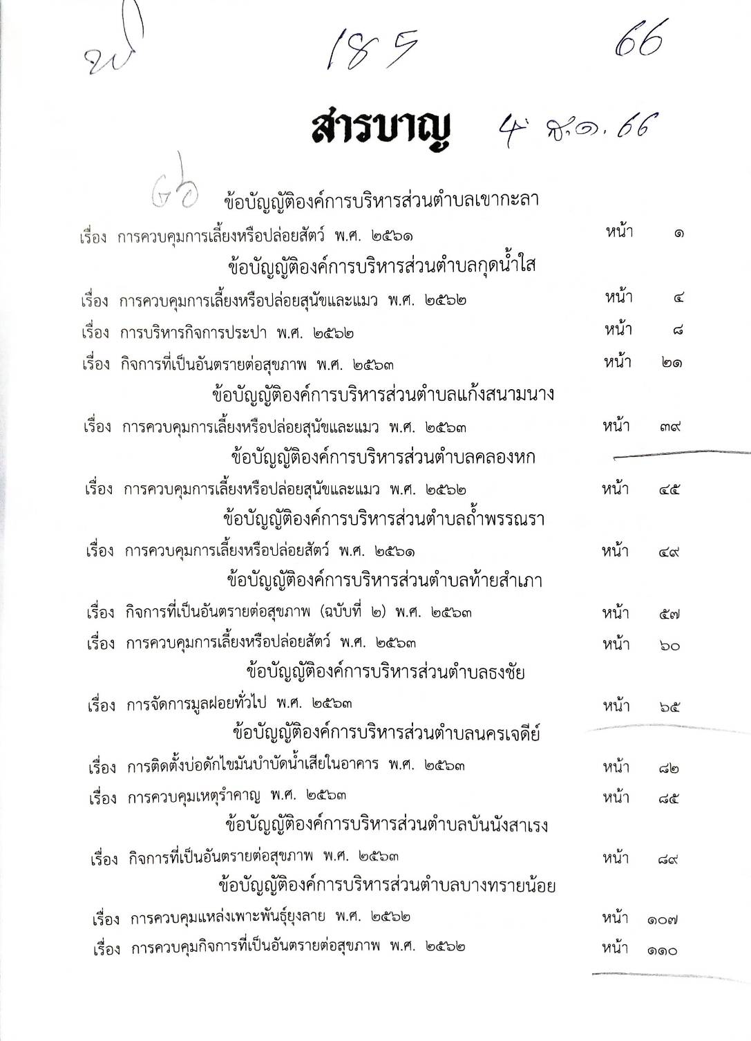 ข้อบัญญัติองค์การบริหารส่วนตำบล ( ตอนพิเศษ 185) พ.ศ. 2566