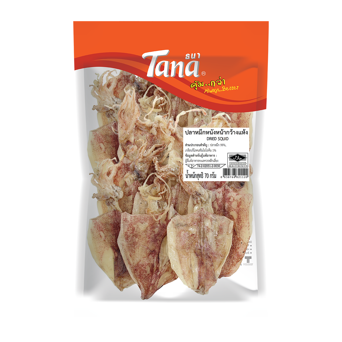 Tana ธนา คุ้มกว่า ปลาหมึกหนังหน้ากว้างแห้ง 70 กรัม DRIED SQUID