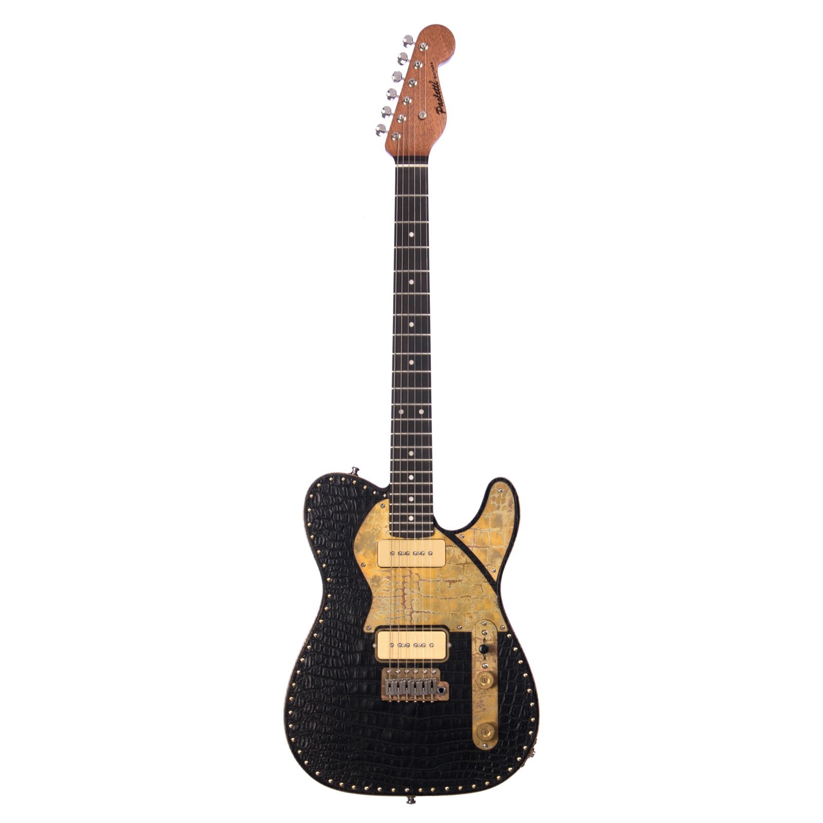 Paoletti Guitars Leather Series Nancy 2P90 - Black Crocodile Leather Tele with 2 x P-90s and Ancient Reclaimed Chestnut Body