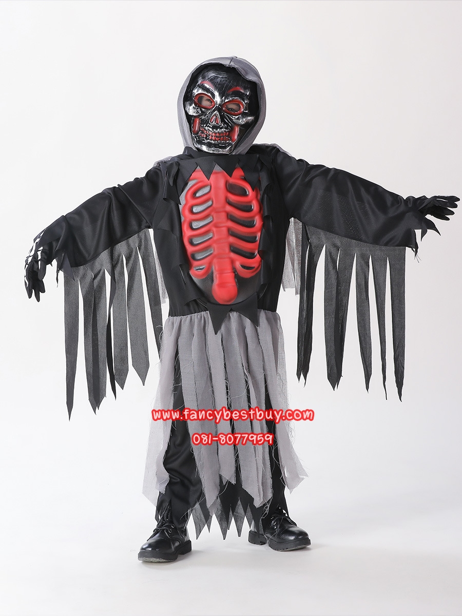 ชุดฮาโลวีน ชุดโครงกระดูก ชุดยมทูต ชุดแฟนซีเด็ก สำหรับวันฮาโลวีน Skeleton มีขนาด 110, 120, 130, 140, 150 (ชุด+หน้ากาก *ไม้เคียวซื้อเพิ่มได้*)