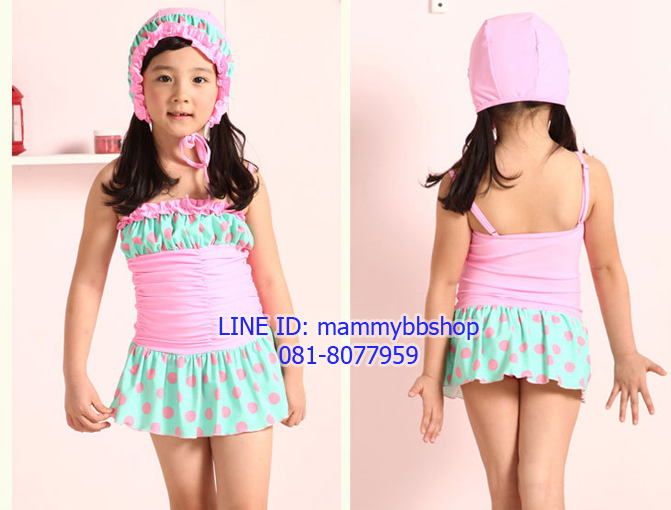 ชุดว่ายน้ำเด็กหญิง แบบ 2 ชิ้น สีชมพู+น้ำตาล ลายจุด มีขนาด S