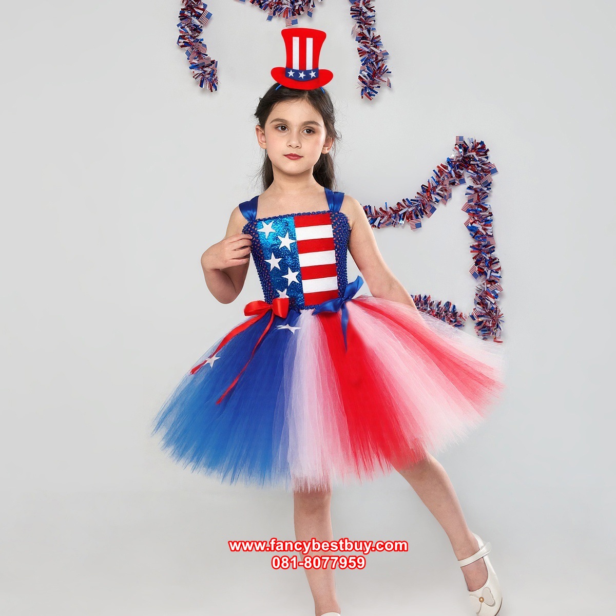 ชุดประจำชาติอเมริกา ผ้าซีฟอง พร้อมที่ประดับผม ขนาด L 110-120, XL 120-140