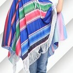 ชุดแฟนซีเด็ก ชุดประจำชาติเม็กซิโก Mexico ขนาดฟรีไซด์ สำหรับ 110-140 ซม. สีฟ้า (ผ้าคลุม+หมวก) **ผ้าคลุมตอนใส่จากไหล่ถึงปลาย 70 ซม **