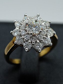 แหวนเพชรดอกพิกุล หน้าใหญ่ เสริมลุคคุณนายให้ดูมีสง่ามากขึ้น ตัวเรือนทอง9K หรือ 37.5% เปอร์เซนต์ทองครับ